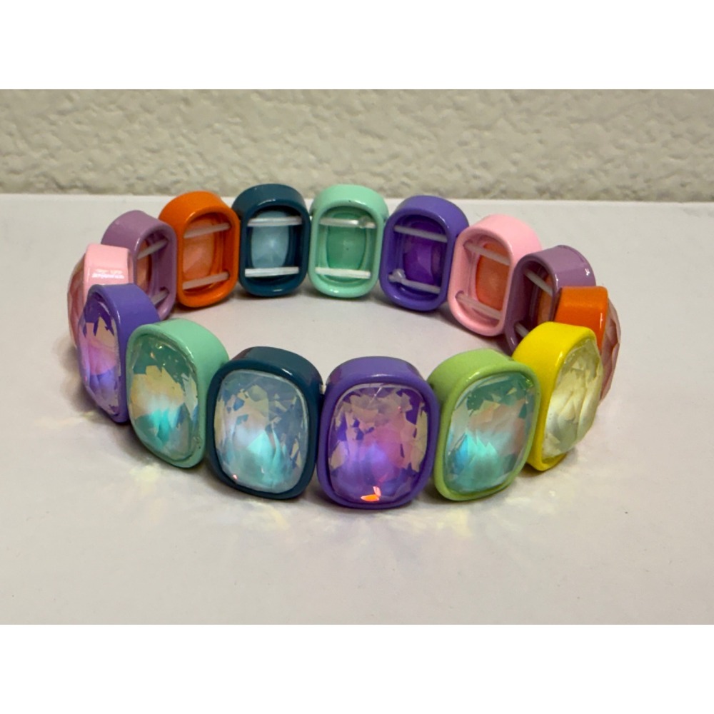 Rainbow Stretch Bracelet Emerald Cut Multicolor Enamel Statement Jewelry NWOT